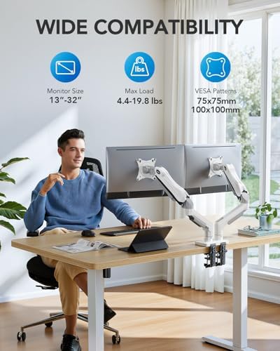 HUANUO Dual Monitor Stand - Full Adjustable Monitor Desk Mount Swivel Vesa Bracket with C Clamp, Grommet Mounting Base for 13 to 32 Inch Computer Screens - Each Arm Holds 4.4 to 19.8lbs - White - Image 2