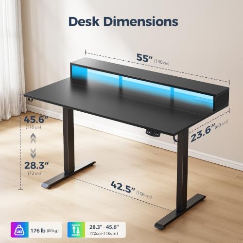 Klicelor Electric Standing Desk with Shelf, 55 Inch Height Adjustable Desk with Power Outlets & LED, Sit Stand Up Table with Monitor Stand, Computer Workstation for Home Office, Black - Image 3