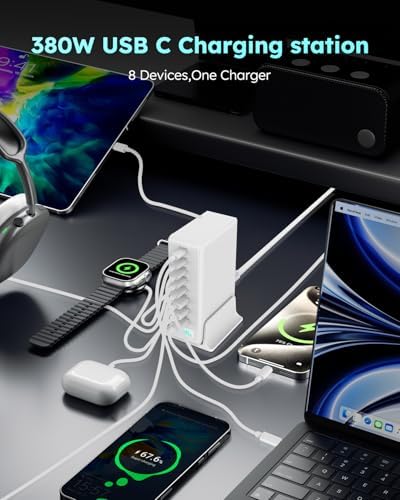 380W USB-C Charger Block, 8-Port USB-C Charging Station PD 30W + 100W PC Laptop, Fast Charging Hub with High-Power Fast Charging Cable for MacBook Pro/Air, DELL, iPad, iPhone, Samsung Galaxy, White - Image 5