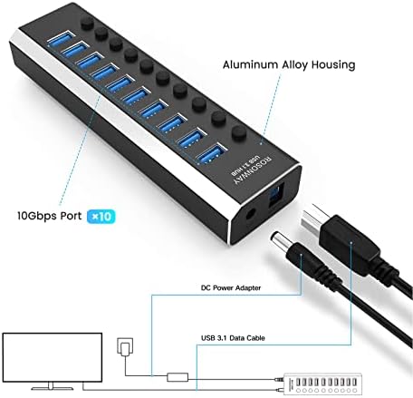 Rosonway 10-Port Powered USB 3.2 Hub 10Gbps,Aluminum USB Hub 36W, RSH-A10S - Image 6