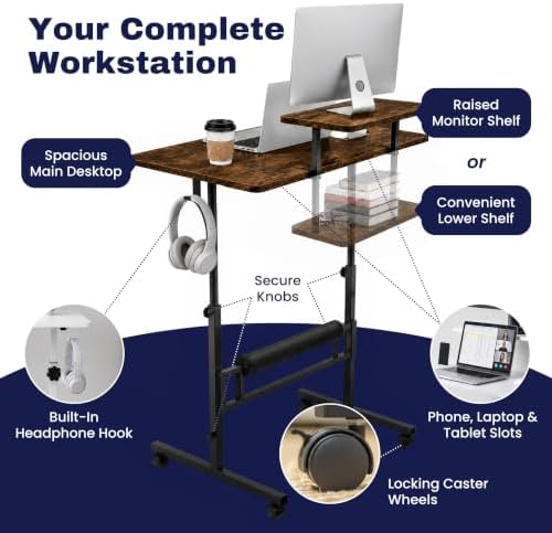 Small Rolling Desk with Wheels, Adjustable Height 27"-43.3" Portable Standing Desk, 31.5"x15.7" Tabletop, Mobile Laptop Computer Table for Home Office Workstation, Rustic Brown - Image 6