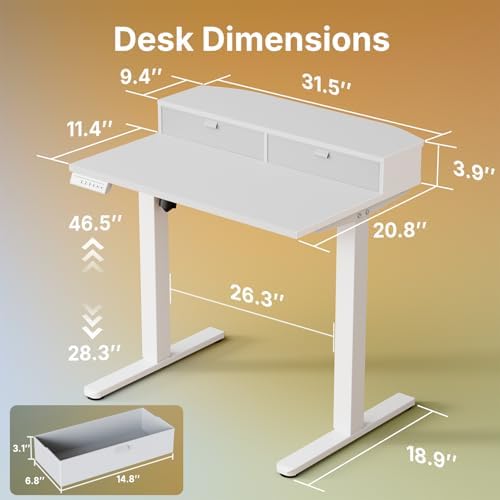 HUANUO 32" X 21" Electric Standing Desk with 2 Drawers, C-Clamp Mount Compatible, Height Adjustable Computer Desk, Home Office Stand Up Desk with 4 Preset Heights & 2 Hooks, White - Image 2