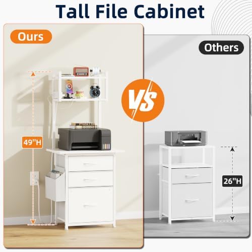 HIGDBFE 3 Drawer File Cabinet with Charging Station, 49''H Tall, 3-Tier Small Filing Cabinet for Home Office, 20''*15'' for Small Printer, Fabric Drawer, Printer Stand, White - Image 4