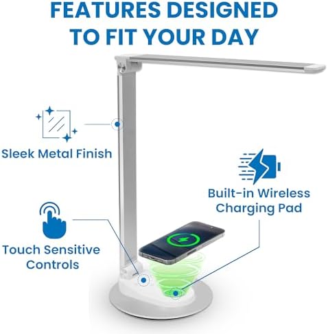 Mount-It! LED Desk Lamp with Wireless Charger and USB-C Charging Port, Dimmable Desk Lamp with 25 Brightness and Color Modes, for Home or Office, Adjustable Arm, Silver/White - Image 5