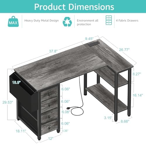 Lufeiya L Shaped Computer Desk with Drawers & Storage Shelves, 47 Inch Small Corner Desk with Power Outlet for Home Office Bedroom, L-Shaped Gaming PC Desks with Fabric Drawer, Gray - Image 3