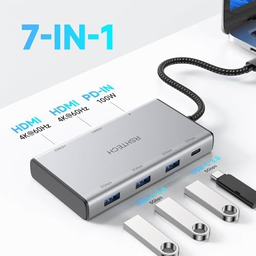 RSHTECH 7-in-1 USB C Hub 2 HDMI 4K@60Hz, Docking Station Dual Monitor - Image 2