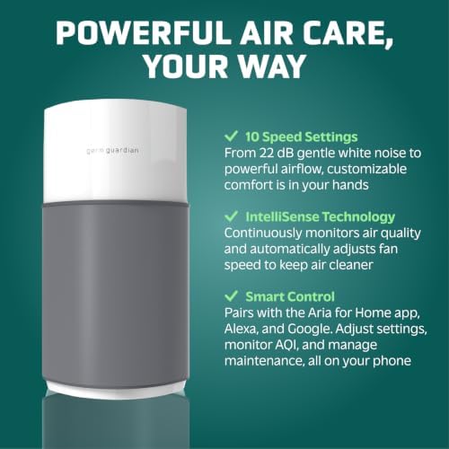 GermGuardian AirSafe+ XL Smart Air Purifier for Bedroom and Home - WiFi and App Enabled - 360-Degree True HEPA Filter - Filters Pet Dander, Dust, Smoke - Air Quality Monitor - AP3250 - Gray & White - Image 5