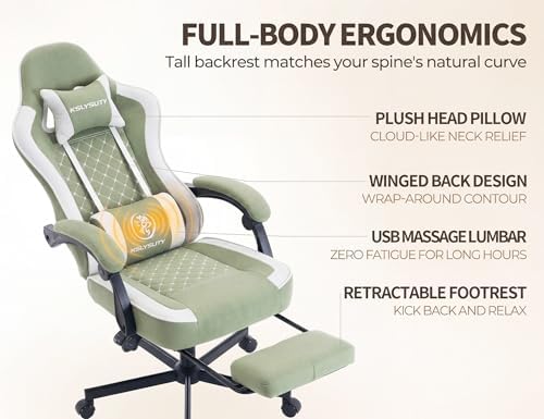 Office Desk Computer Gaming Chair for Adults, Ergonomic High Back Gamer Chair with Massage and Pocket Spring Cushion, Swivel Comfy Video Game Chairs with Footrest and Lumbar Support (Green White) - Image 5