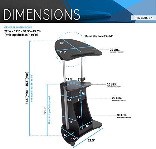 Techni Mobili Adjustable Height Rolling Laptop Cart with Storage, Black - Image 3