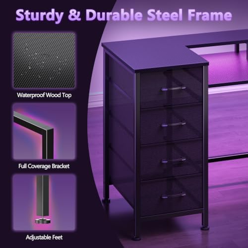 Korfile 47 Inch Computer Gaming Desk with Power Outlets & LED Lights Reversible Home Office Desk with Adjustable 5 Fabric Storage Drawers for Working Writing Study, Carbon Fiber Black - Image 5