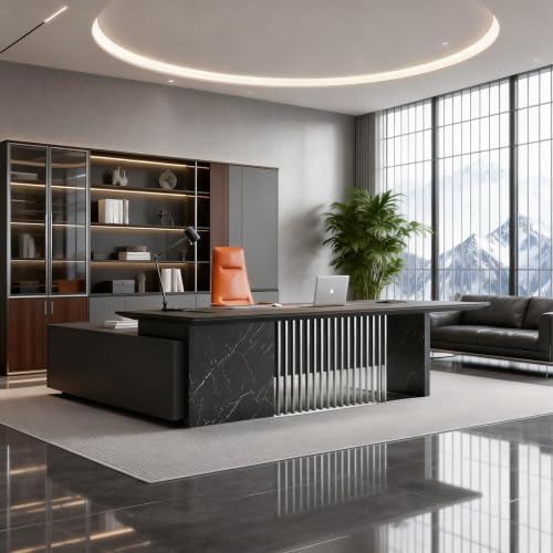 86.6” Luxury Executive Desk, L Shaped Office Desk with Storage & Wireless Charging, Marble Texture Modern CEO Desk with 304 Stainless Steel Grille, for CEO Office & Designer Home Office (Right) - Image 7