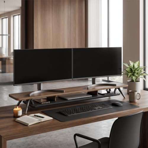 Fenge Dual Monitor Stand Riser, Wooden Desk Shelf with 2-Tier Storage - Image 2