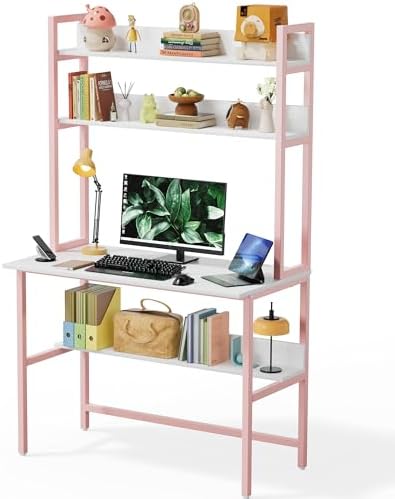 Aquzee 40 Inch Pink Desk with Shelves, Computer Desk with Hutch by Aquzee