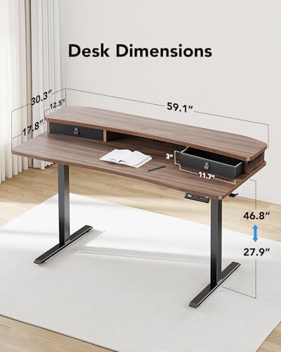 HUANUO 60″ x 30″ Electric Standing Desk with 2 Drawers, C-Clamp Mount Compatible, Height Adjustable Computer Desk, Home Office Stand Up Desk with 4 Preset Heights & 2 Hooks, Walnut - Image 3