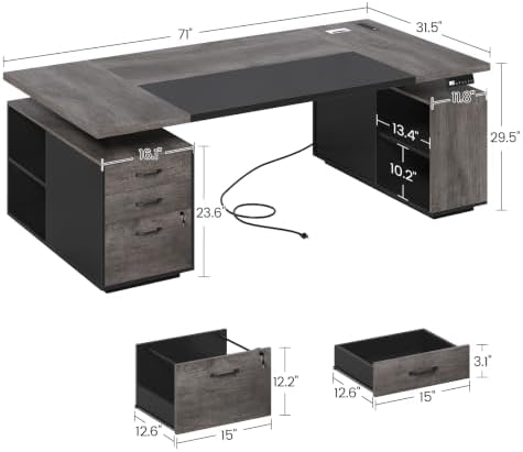 71" Electric Standing Desk with Drawers, Electric Height Adjustable Executive Desk with Lockable File Cabinet, Home Office Desk, Open Storage Compartments, Built-in Power Outlet, Relief Gray+Black - Image 2