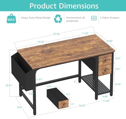 Lufeiya Computer Desk with Fabric Drawers, 47 Inch Desk for Small Space Home Office, Modern Simple Study Writing Table PC Desks for Bedroom, Rustic Brown - Image 3