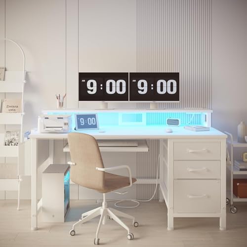 Lufeiya Gaming Desk with LED Lights and Power Outlets, 47 Inch Home Office Desks with Keyboard Tray, White Computer Desk with File Drawers Cabinet, Writing Table PC Desks with Monitor Stand, White - Image 4