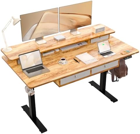 63 x 30 Inch Electric Standing Desk with 4 Drawers, Light Rustic by ExaDesk