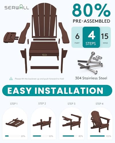 SERWALL Folding Adirondack Chair Set of 2, 4 in 1 Cup Holder - Coffee - Image 6