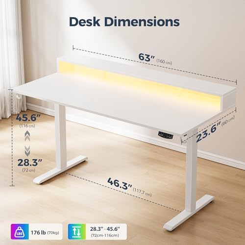 Klicelor Electric Standing Desk with Shelf, 63 Inch Height Adjustable Desk with Power Outlets & LED, Sit Stand Up Table with Monitor Stand, Computer Workstation for Home Office, White - Image 3