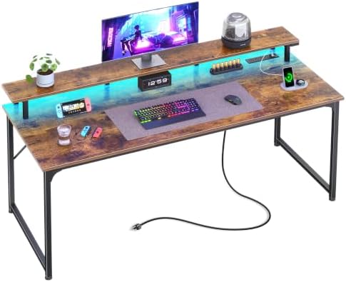 PRAISUN 55 inch Gaming Desk, LED & Outlets, Monitor Stand, Rustic Brown by PRAISUN