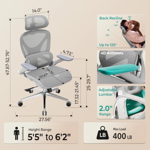 CAPOT Ergonomic Mesh Office Chair, Adjustable Lumbar High Back Desk Chair 400lbs, 4D Flip-up Arms, 3 Tilt Backrest, 3D Headrest, PU Wheels, Swivel Rolling Computer Seating for Long Desk Work - Grey - Image 2