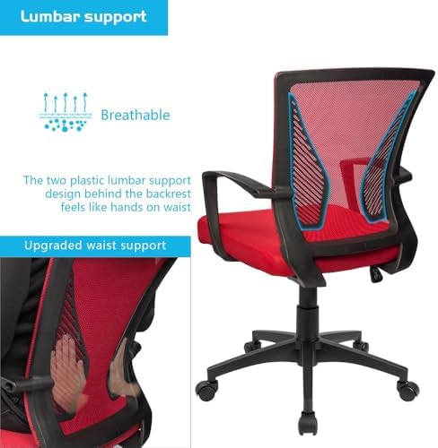 Furmax Office Chair Ergonomic Computer Desk Mesh Chair Mid Back Swivel Lumbar Support with Armrest (2, Red) - Image 4