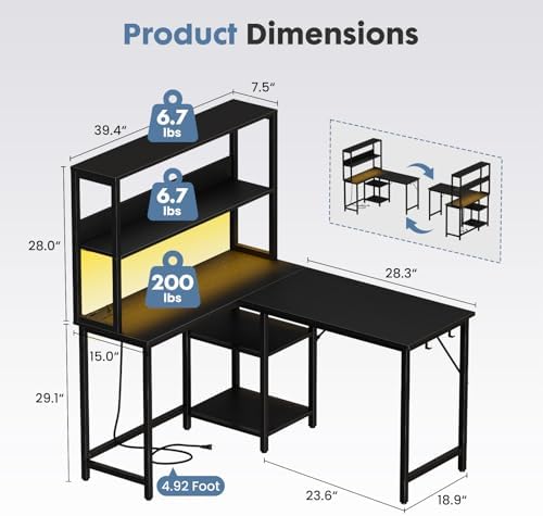 DUMOS L Shaped Desk, Gaming Desk, Power Outlet, 43 Inch - Image 3
