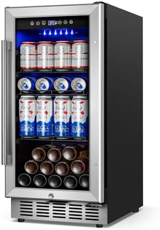 Beverage Refrigerator 15 Inch Wide, Upgrade Beverage Cooler With Glass Door,90 Can Beverage Fridge Capacity, Built-In Or Freestanding, Temperature Memory, Reversible Door, Perfect For Soda, Beer by FoMup