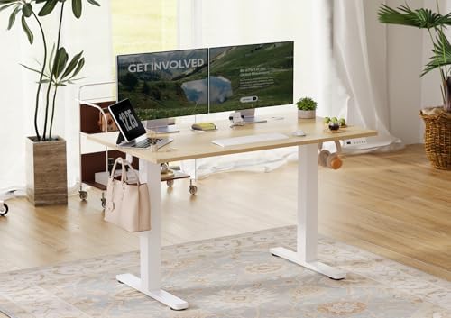 Seang Electric Standing Desk Adjustable Height, 48 x 24 Inch Sit Stand Desk with T-Shaped Frame, 3 Memory Presets & Cable Management for Home Office Computer Workstation, White Frame/Nature Top - Image 2