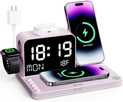Acer 7-in-1 Wireless Charging Station with LED Clock - 30W Fast Wireless Charger for iPhone 16/15/14/13/12/Pro Max, Apple Watch, AirPods - Bluetooth Auto Time Sync & Night Lights (Purple) by Unknown