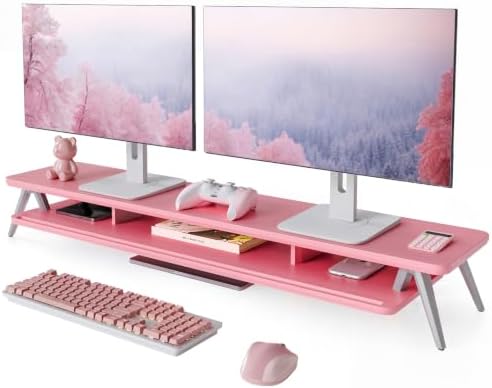 Fenge Dual Monitor Stand Riser, Wooden Desk Shelf with 2-Tier Storage by Fenge