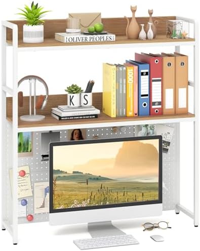 Giantex Desktop Bookshelf, 2-Tier Desk Hutch Dorm with Pegboard for up to 32" Computer Monitor, Industrial Countertop Storage Organizer Rack, Desk Shelf for Home Office (Natural) by Giantex