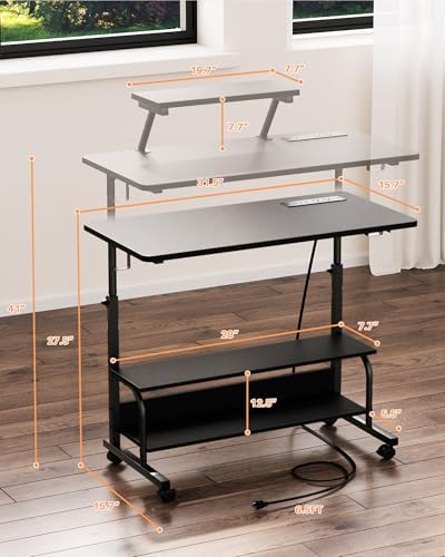 Height Adjustable Standing Desk with Power Outlets and LED Lights - 32" Manual Stand Up Desk with Monitor Stand and Storage Shelves Small Mobile Rolling Computer Desk Portable Laptop Table, Black - Image 3