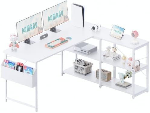 Pamray 57.5 Inch L Shaped Computer Desk with Reversible Side Storage Shelves, Small Corner Desk for Small Space Home Office,Writing Study Table PC Desk for Bedroom,White by PAMRAY