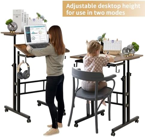 SIDUCAL Mobile Standing Desk, Portable Stand Up Desk, Small Adjustable Converter with Wheels Home Office Workstation, Rolling Laptop Cart for Sitting, Rustic Brown - Image 4