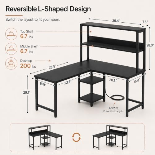 HealSmart L Shaped Desk Gaming Desk with LED Light & Power Outlet, 43 Inch Reversible Computer Table with Shelf & Storage Shelves & Hook, Corner Desk for Home Office, Black - Image 2