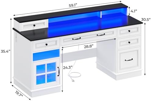 BTHFST 59.1" Executive Desk with File Drawer, Charging Station, White - Image 2