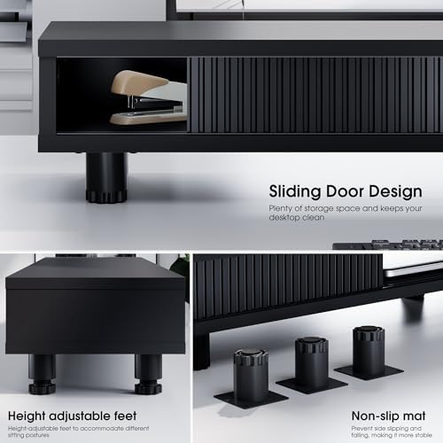 Fenge Dual Monitor Stand with Storage, Desk Shelf with Glass Sliding Door - Image 4