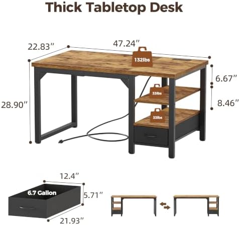 Mericonia 48" Computer Desk with Drawer, 1.2" Thick Reversible Office Desk - Image 3