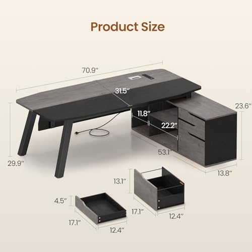 SEDETA 71" L Shaped Executive Desk with File Cabinet & Power Outlet - Image 2