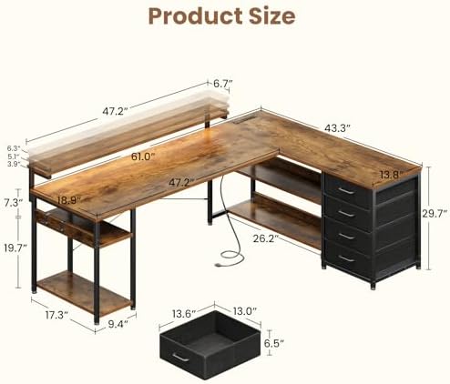 AODK 61 Inch L Shaped Computer Desk with 4 Drawers, LED Lights, Vintage - Image 3