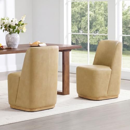 CHITA Rolling Dining Chair on Casters Set of 2, Faux Leather in Tan by Unknown
