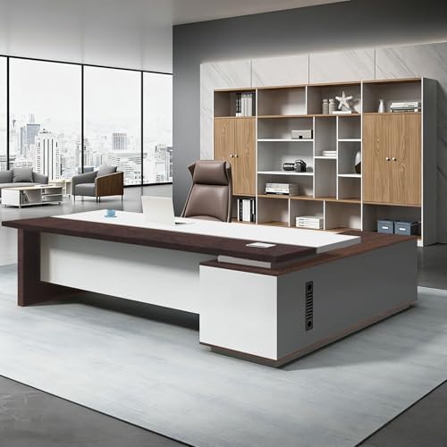 L Shaped Executive Desk with Drawers, Large Office Desk with Storage Cabinet, Wood L Shape Desk for Home Office or Business Workspace, Left or Right Cabinet Option, Multiple Sizes & Colors by Unknown