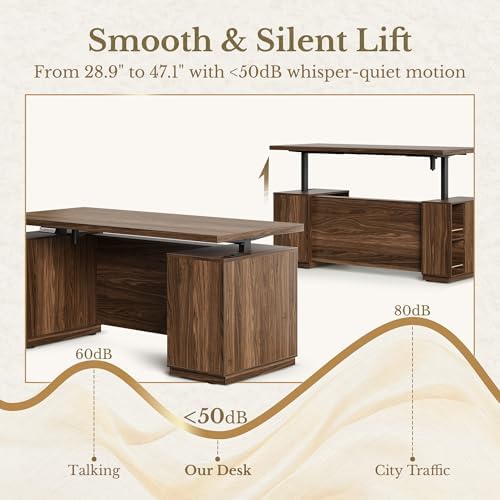 L Shaped Executive Standing Desk with File Cabinet, Electric Height Adjustable Desk with AC/USB and Privacy Panel for Home and Office, Black Walnut - Image 3