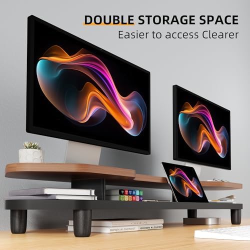 Dual Monitor Stand Riser, 39.4 Inch Large Monitor Stand with Storage Shelf, 2-Tier Desk Organizer for PC, Laptop, Printer | 2 Slots for Phone/Tablet, Computer Monitor Riser, Wood Desk Shelf for TV - Image 4
