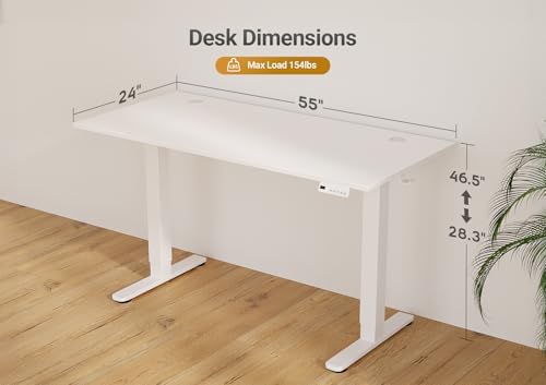 Seang Electric Standing Desk Adjustable Height, 55 x 24 Inch Sit Stand Desk with T-Shaped Frame, 3 Memory Presets & Cable Management for Home Office Computer Workstation, White Frame/White Top - Image 3