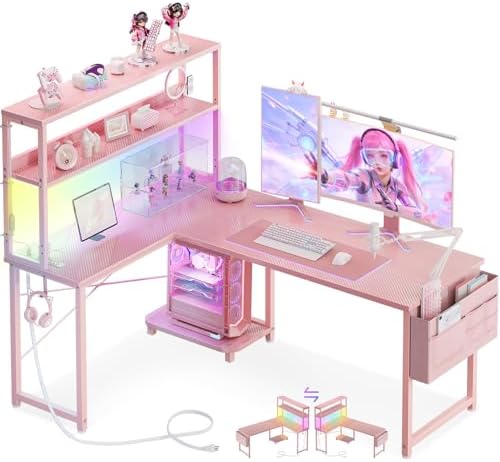 AODK L Shaped Desk Gaming Desk with LED Light & Power Outlet by AODK