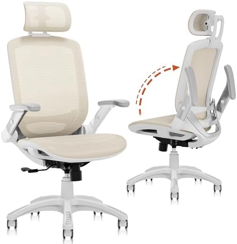 GABRYLLY Ergonomic Office Chair, High Back Home Desk Chair with 2D Flip-Up Arms, 3D Headrest, 90-120° Tilt and Wide Cushion, Big and Tall Mesh Chairs for Man Woman, Computer Task Chair Beige by GABRYLLY