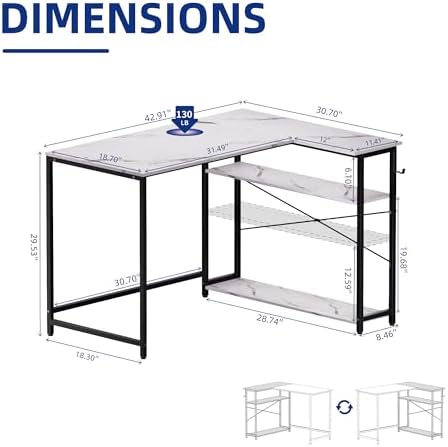 Pamray 43 Inch L Shaped Computer Desk with Reversible Side Storage Shelves, Small Corner Desk for Small Space Home Office,Writing Study Table PC Desk for Bedroom,White Marble - Image 3